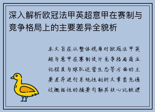 深入解析欧冠法甲英超意甲在赛制与竞争格局上的主要差异全貌析 深入解析欧冠法甲英超意甲在赛制与竞争格局上的主要差异全貌析