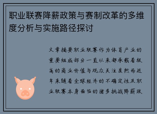 职业联赛降薪政策与赛制改革的多维度分析与实施路径探讨