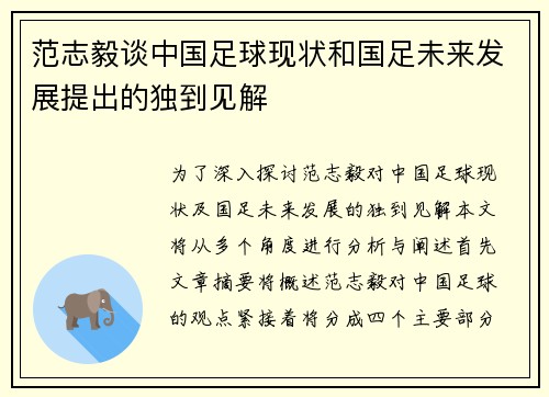 范志毅谈中国足球现状和国足未来发展提出的独到见解
